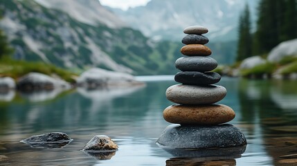 A close-up capture of pebbles in vibrant colors stacked in a balanced tower on a serene lakeside shore.