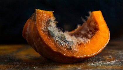 close-up of a moldy pumpkin slice with softening orange flesh and fungal patches under warm lighting

