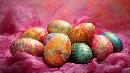 Eggs of various colors on a pink Easter backdrop. Generative AiEggs of various colors on a pink Easter backdrop. Generative Ai