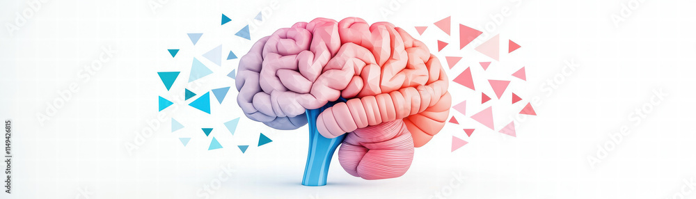 Aufkleber image features stylized representation of brain with colorful geometric shapes surrounding it, symbo