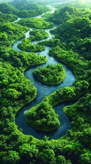 Obraz premium Tropical forest ecosystem view. Winding rivers flow through dense vegetation. Clearings highlight biodiversity. Stunning aerial panorama shows rich eco system. Natural beauty, environmental