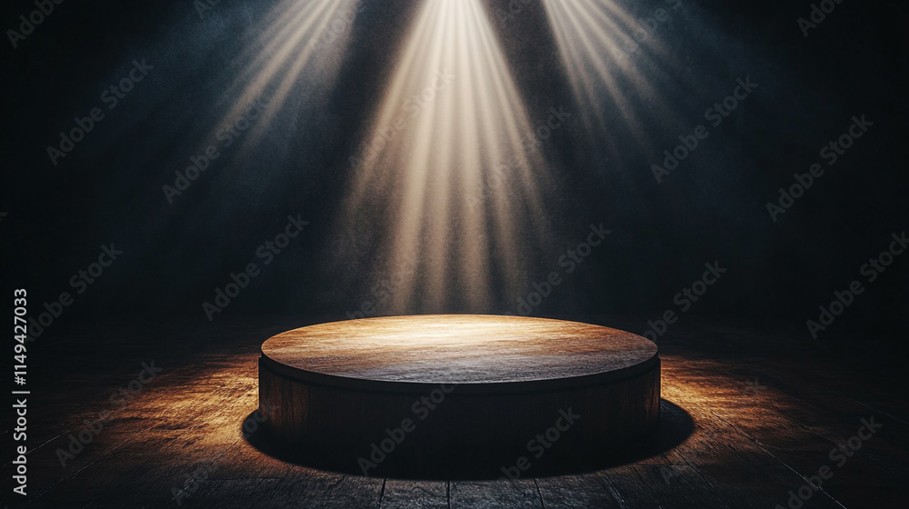 Poster spotlight shines on an empty stage ready for performance.