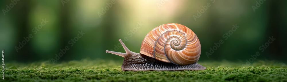 Poster close up of snail with spiral shell resting on green moss, showcasing intricate patterns and earthy 