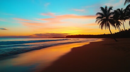 A vivid sunset over a tropical beach with palm trees silhouetted, vibrant paradise