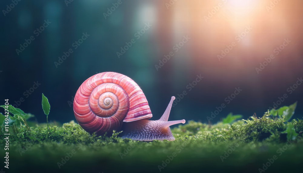 Poster colorful snail shell with spiral patterns rests on lush green moss, surrounded by soft light filteri