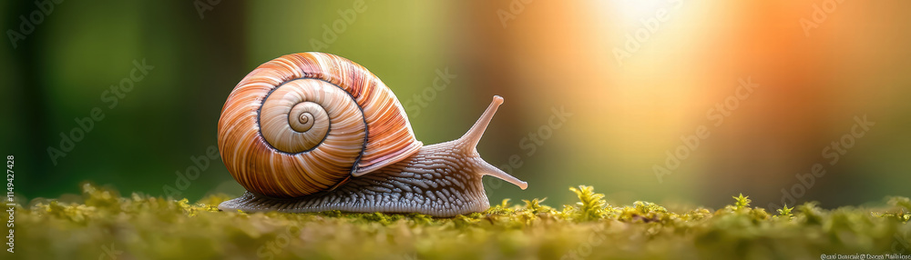 Poster close up of snail with spiral shell resting on moss, surrounded by soft, blurred background of green
