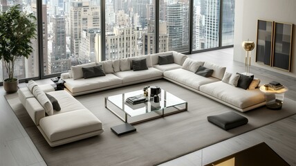 contemporary living room with a modular sofa, glass coffee table, and floor-to-ceiling windows with city views