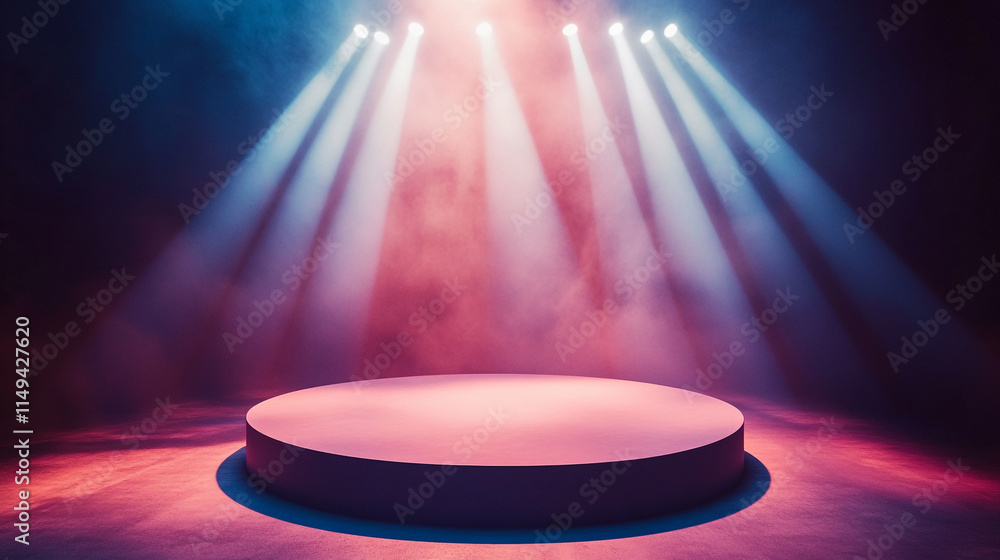 Poster lighting setup on a stage with a circular platform and fog effects.