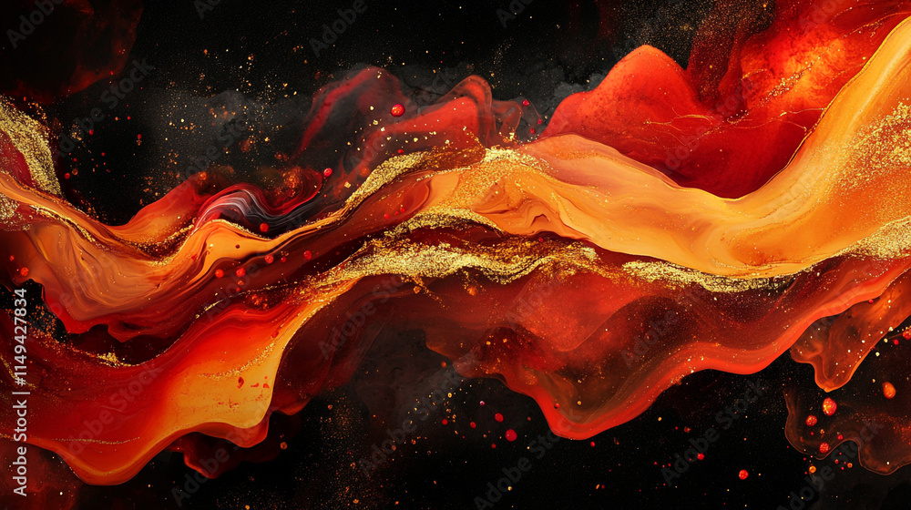 Poster colorful abstract design with swirling red and orange hues against a dark background showcasing dyna