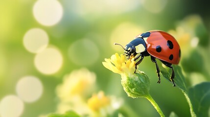 Fototapeta premium Close-Up of Ladybug on Flower with Soft Green Background