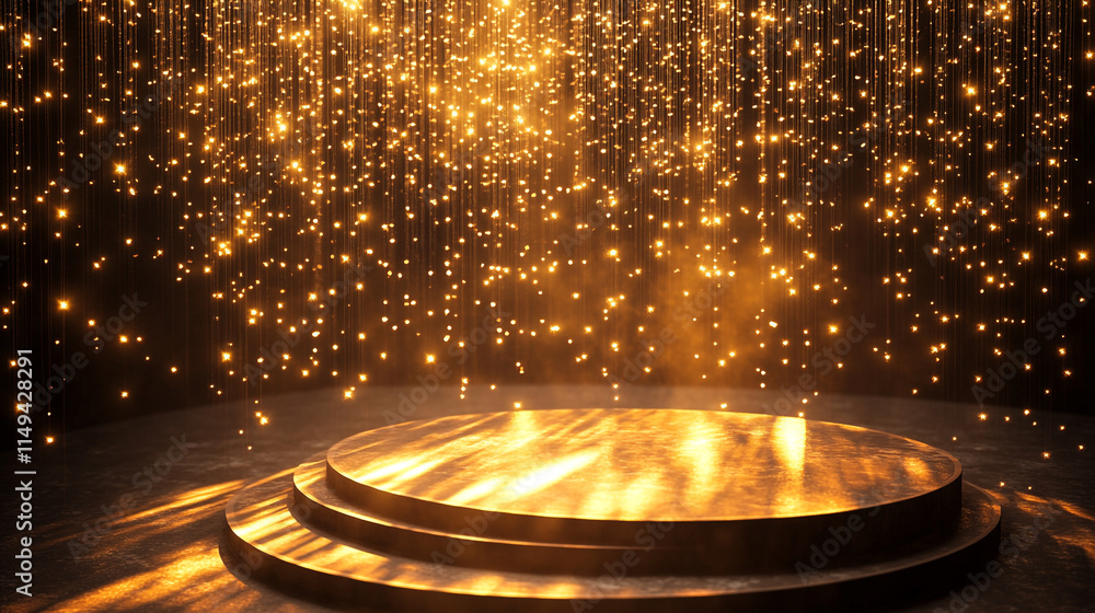 Poster shimmering golden lights shining down on a circular platform in a dark space.