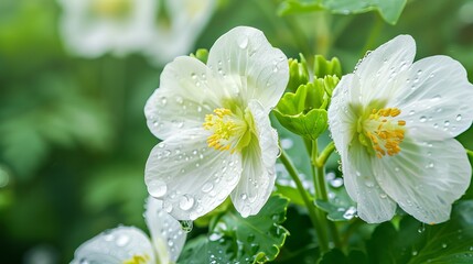 Obraz premium Delicate white flowers with yellow centers glisten after a rain shower, surrounded by lush green foliage, capturing nature's beauty.
