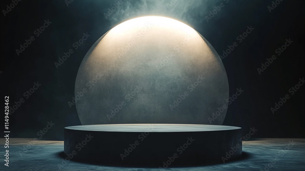 Poster stage with circular light and fog creating a dramatic atmosphere for performance.