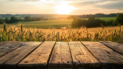 Sunlit Rural Landscape with Wheat Field and Wooden Table in Foreground at Sunset