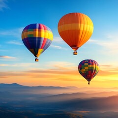 Obraz premium Colorful hot air balloons floating over a golden landscape, vibrant adventure