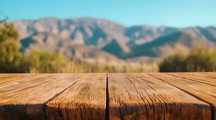 Rustic Wooden Tabletop with Blurred Mountain Landscape in Background