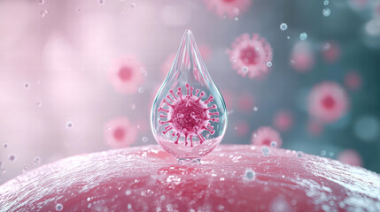 macro view of droplet containing viral particles on surface, showcasing intricate details and vibrant colors. image evokes sense of scientific exploration and discovery