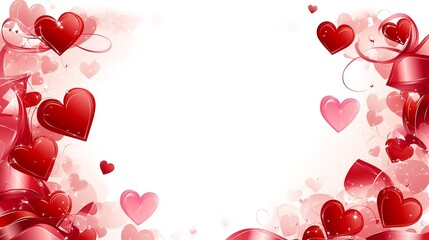 Romantic Frame with Red and Pink Hearts and Ribbons on Transparent Background