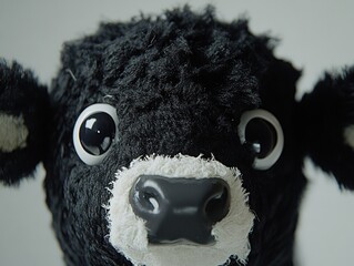 A close-up of a plush black and white cow toy with large, expressive eyes.