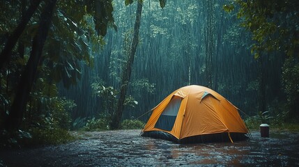 Rain falling over the jungle tent, Tropical, tranquil, quiet, serene, meditation, camping, night, unwind. Generative Ai