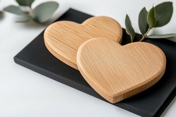 Two wooden heart-shaped coasters placed on a black surface, accompanied by green eucalyptus leaves, create a warm and inviting aesthetic.