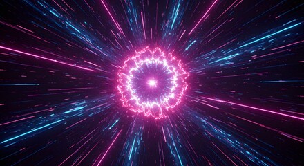 Naklejka premium Futuristic data flow. Explosion effect. Sci-fi Motion wallpaper. Neon Glowing Rays in Motion. Hyper Speed Space Travel Concept.