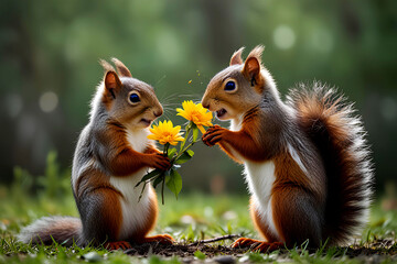 Two squirrels with a bouquet of yellow flowers in the forest