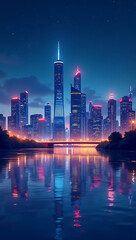 Obraz premium Bright city skyline at night with illuminated skyscrapers reflecting on a calm river, under a star-filled sky, creating a modern and vibrant HD phone wallpaper 