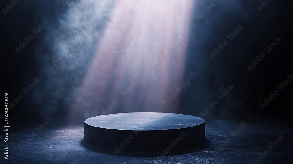 Poster spotlight shining on a circular stage in a dark setting for a performance.