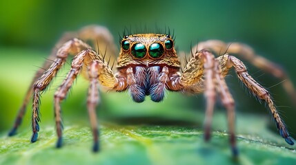 Close-up View of a Colorful Spider on a Green Leaf Macro Photography