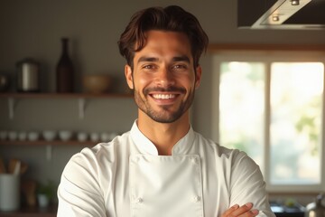Obraz premium Professional chef in white uniform standing confidently in modern restaurant kitchen with warm ambient lighting. Image conveys expertise and authority in culinary environment.