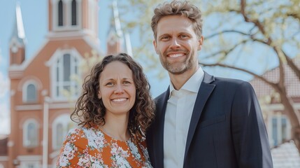 A joyful couple, a Caucasian man and woman, smiling together in a sunny outdoor setting with a historic building in the background.