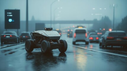 Obraz premium Autonomous robot navigates rainy highway amid traffic