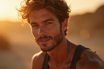 Close-up portrait of a man smiling genuinely at sunset, with tousled dark hair and facial stubble. 