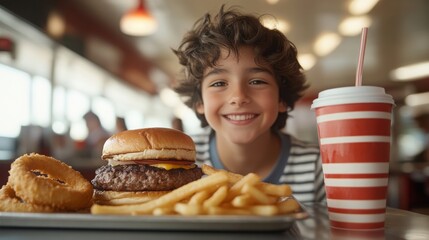 A joyful child enjoys a delicious meal featuring a burger, fries, onion rings, and a drink in a vibrant restaurant setting.