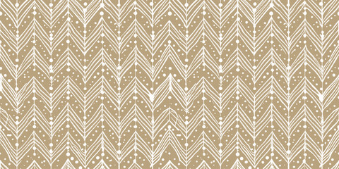 Stylish chevron pattern design featuring white zigzags and dots on a warm beige background.