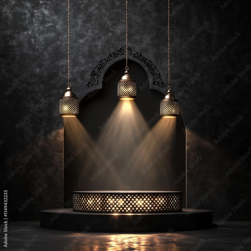 Poster elegant lanterns illuminate a dark moroccan-inspired setting with intricate designs.