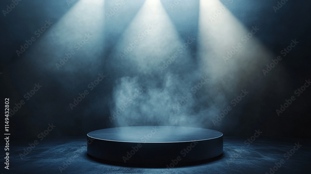 Poster spotlight on an empty stage with hazy atmosphere and dramatic lighting effects.