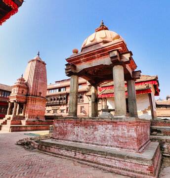 View of the Jagannath and Badrinath temples in historic UNESCO world heritage Durbar square of Bhaktapur,built by the Malla kings in the 17th century in central Nepal 