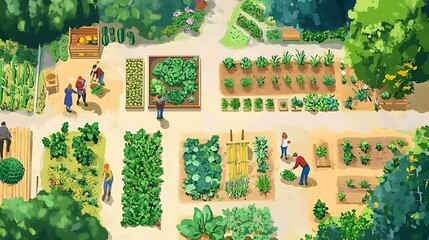 Fototapeta premium A busy community garden with people harvesting produce, watering plants, and tending flower beds