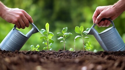 A close-up of hands adjusting seedlings in a garden plot surrounded by watering cans