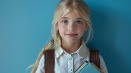 Obraz premium portrait of beautiful caucasian schoolgirl 10 years old in uniform with textbooks in hands and school bag, studio portrait, blue background