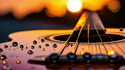 A close-up of an acoustic guitar covered in dew drops, with the setting sun casting a warm glow on the instrument.