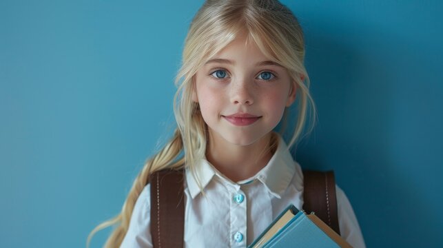 portrait of beautiful caucasian schoolgirl 10 years old in uniform with textbooks in hands and school bag, studio portrait, blue background