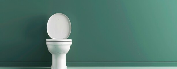 A toilet with white lid stands on the floor against green wall background, front view. wide angle lens natural lighting