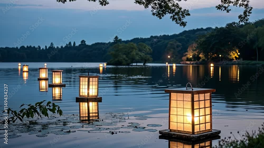 Poster several lanterns float in a serene lake creating a magical reflection on the water.