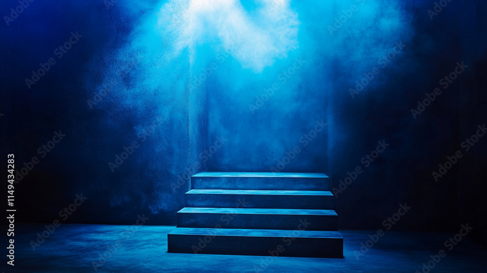 Poster mysterious stage with illuminated steps in a dark setting.