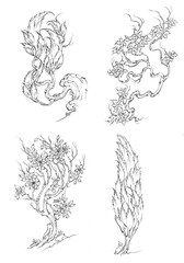 Hand drawn 4 beautiful miniature trees with white background

