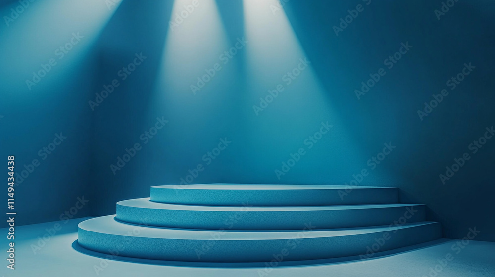 Poster modern circular stage with dramatic lighting in a minimalistic setting.