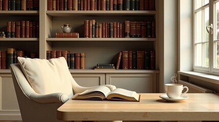 Serene Study Nook Open Book, Warm Beverage, and Comfortable Armchair Beside a Bookshelf Filled with Volumes